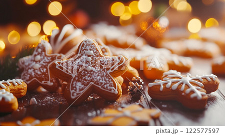Homemade cinnamon ginger bread in a white sugar glaze on a table. Baking star-shaped cookies in the winter season. Christmas and New Year's Eve sweets This is AI-generated item 122577597