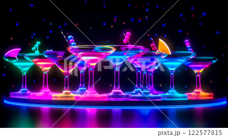 A bar in a nightclub with many different colourful alcoholic cocktails in glasses on a tray. Party celebration. Neon colours in nightclub. Mixology. This is AI-generated item 122577815