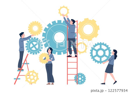 Teamwork business office team. Tiny managers with giant gears put parts together into one whole. Teambuilding, big project or startup recent vector scene 122577934