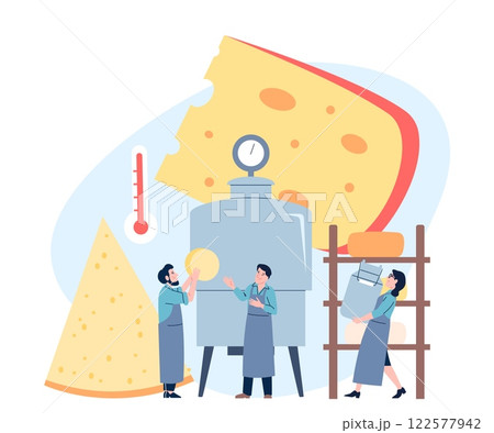 Cheese production concept. Professional cheese makers working with dairy. Tiny food factory workers in uniform holding milk delicacy, recent vector scene 122577942