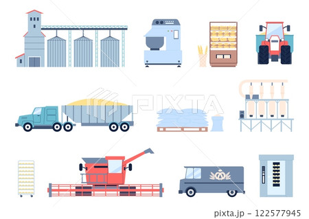 Bread production. Breadmaking factory equipment, fresh pastry and different breads baking. Agriculture processing, from field to shop, recent vector set 122577945
