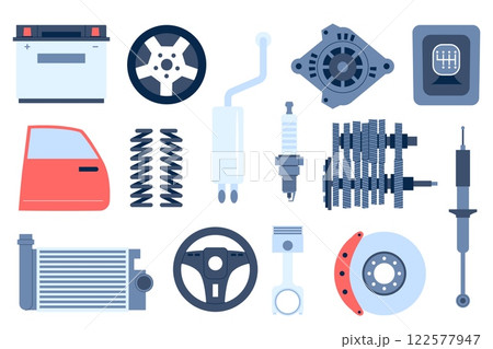 Auto spare parts flat. Isolated mechanical repaire elements for cars. Automotive spares, cars assembly equipment and components, recent vector set 122577947