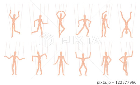 Wooden puppet doll. Marionette in different actives poses. Model for drawing, animation, sculpting. Wood model on control rope for theater, racy vector set 122577966