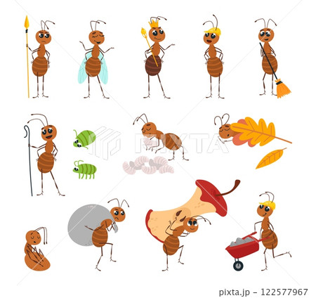 Funny ants. Cartoon ant character sleeping, working, resting, eating. Isolated insects daily activities, wild forest animals childish mascots, classy vector set Funny ants. Cartoon ant character sleeping, working, resting, eating. Isolated insects daily activities, wild forest animals childish mascots, classy vector set 122577967