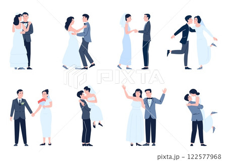 Wedding couples. Bride groom in official outfits, just married. Ceremony characters in different poses, marriage people, newlyweds recent vector set 122577968