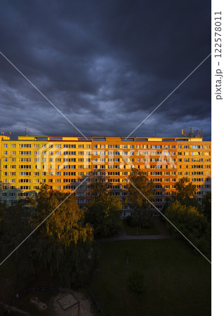 Old block of flats - apartment building made from concrete panels in communist era in eastern Europe, Prague, Czech Republic Old block of flats - apartment building made from concrete panels in communist era in eastern Europe, Prague, Czech Republic 122578011