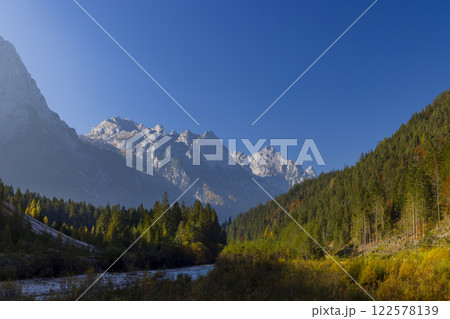 Typical landscape with Tre Cime, Tre Cime di Lavaredo, Dolomiti, South Tyrol, Italy 122578139