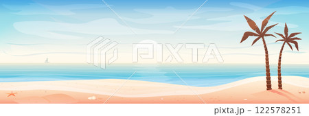 Scenic vector illustration of a tropical beach with palm trees, soft sand, and a calm ocean under a warm sunset sky. The tranquil atmosphere makes it perfect for travel promotions, summer designs, and 122578251