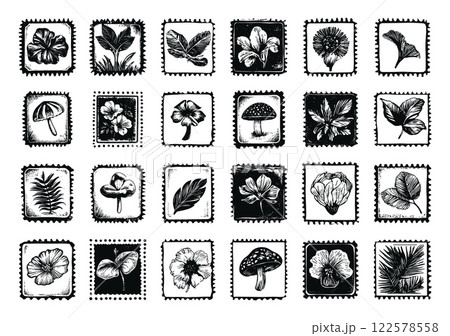 Post Stamps Of Different Types Linocut Print Style Icons Set On White Vintage Designs Handcrafted Inked Postage Icons Various Shapes Intricate Classic Collection 122578558