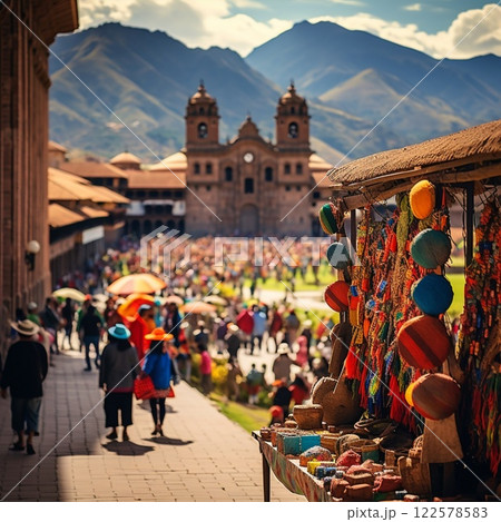 Colorful marketplace in Cusco with backpackers and Machu Picchu backdrop 122578583