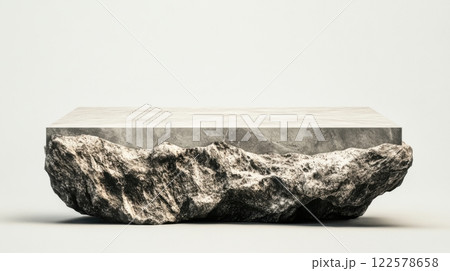 Polished podium with rough rock edges, elegant minimalist scene. Stone podium on rock platform 3d Polished podium with rough rock edges, elegant minimalist scene. Stone podium on rock platform 3d 122578658
