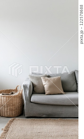 Basket with throws and cushions, blending comfort and style in living room. Wicker basket near grey sofa in living room 122578688