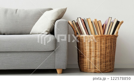 Wicker basket with books, creating relaxed and intellectual living space. Wicker basket near grey sofa in living room 122578850