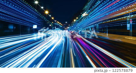 Night city street lights. Traffic light trails speed motion. Website banner design digital art. Abstract long exposure blue dark background 122578879