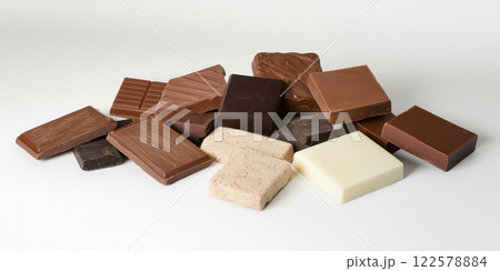 Chocolate bars assortment. Milk dark white chocolate pieces. Confectionery product food photography. Flat lay bright white background 122578884