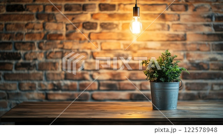Industrial style coffee table in loft interior with brick wall and potted plant. Wooden coffee table with houseplant 122578948