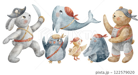 Watercolor set of pirate crew of bear, rabbit, whale, penguin, parrot. Animal illustration in cartoon style. Characters isolated on white design shower, bathroom, children's products, poster postcard Watercolor set of pirate crew of bear, rabbit, whale, penguin, parrot. Animal illustration in cartoon style. Characters isolated on white design shower, bathroom, children's products, poster postcard 122579020