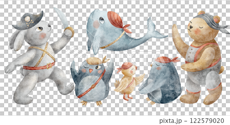 Watercolor set of pirate crew of bear, rabbit, whale, penguin, parrot. Animal illustration in cartoon style. Characters isolated on white design shower, bathroom, children's products, poster postcard Watercolor set of pirate crew of bear, rabbit, whale, penguin, parrot. Animal illustration in cartoon style. Characters isolated on white design shower, bathroom, children's products, poster postcard 122579020