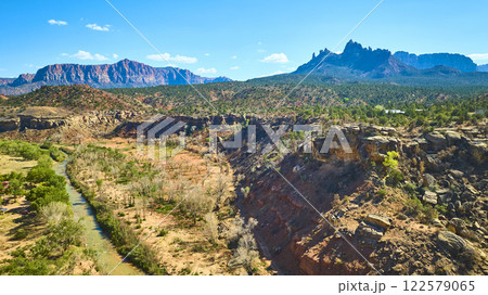 Aerial of Zion National Park Canyon and River Landscape Aerial of Zion National Park Canyon and River Landscape 122579065