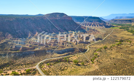 Aerial of Utah Mesa and Winding Desert Road 122579072