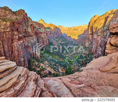Zion Canyon Cliffs and Greenery at Golden Hour Panorama 122579085
