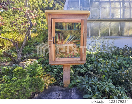 Charming Little Free Library in Lush Garden Setting Eye-Level View Charming Little Free Library in Lush Garden Setting Eye-Level View 122579224