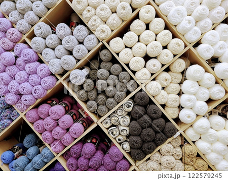 Vibrant Yarn Display in Craft Store Aerial Perspective Vibrant Yarn Display in Craft Store Aerial Perspective 122579245