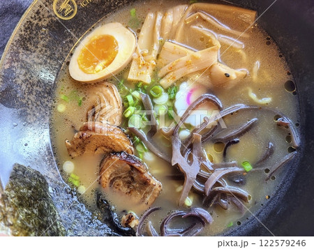 Ramen Bowl with Chashu Pork and Soft-Boiled Egg Overhead View Ramen Bowl with Chashu Pork and Soft-Boiled Egg Overhead View 122579246