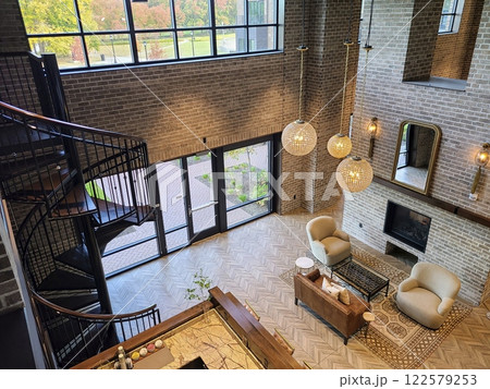 Modern Living Space with Spiral Staircase Aerial Modern Living Space with Spiral Staircase Aerial 122579253