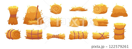 Cartoon haystacks. Hay of bale, dried straw stack farm wheat baling thatch pile roll fodder hayrick with pitchfork rural harvest farming set for ranch, swanky vector illustration Cartoon haystacks. Hay of bale, dried straw stack farm wheat baling thatch pile roll fodder hayrick with pitchfork rural harvest farming set for ranch, swanky vector illustration 122579261