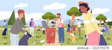 People cleaning park. Volunteers clean up city park, neighborhood community collect trash in plastic bag pick garbage together cleanup litter outdoor, classy vector illustration 122579276
