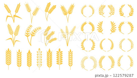 Wheat grains wreath. Barley ears, rye spike rice stalk or laurel wreaths beer logo heraldic symbol round frame for bakery bread label emblem farm harvest, neat vector illustration 122579287