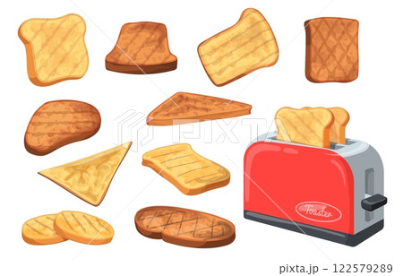 Bread toasts slices. Rye or wheat bread toast for sandwich french breakfast, loaf square toaster slice sandwiches pastry bakery products pieces cartoon set neat vector illustration 122579289