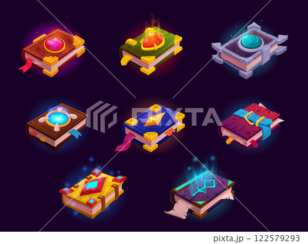 Game alchemy books. Cartoon magic spell book, wizard study handbook fantasy gaming ui glowing icons, old medieval library quest witchcraft spelling recipe tidy vector illustration 122579293