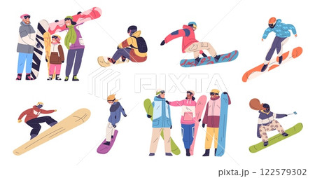 Snowboard riders. Snowboarder friends or family group, winter fun extreme active sport people ski resort outdoor alps mountain, snow board skiing set classy vector illustration Snowboard riders. Snowboarder friends or family group, winter fun extreme active sport people ski resort outdoor alps mountain, snow board skiing set classy vector illustration 122579302