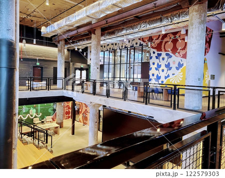 Creative Industrial Office with Vibrant Murals Eye-Level View Creative Industrial Office with Vibrant Murals Eye-Level View 122579303