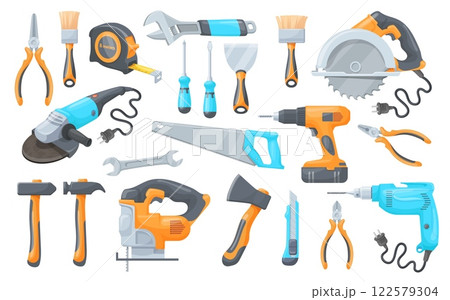 Cartoon construction tools. Building repair work hand tool and hardware instruments set, hammer wrench screwdriver drill spanner ruler tape repairman set neat vector illustration 122579304