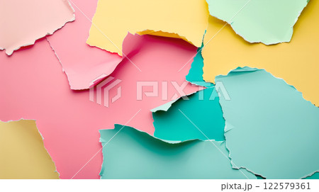 Colorful paper art background featuring overlapping torn edges in palette of spring pastels. For poster, banner, greetings card, postcard, flayer, web template Colorful paper art background featuring overlapping torn edges in palette of spring pastels. For poster, banner, greetings card, postcard, flayer, web template 122579361