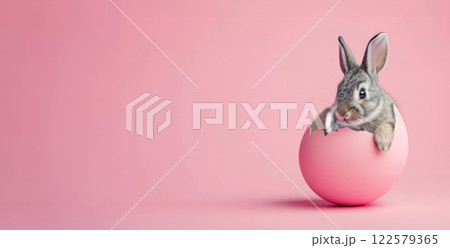 Easter bunny in cracked egg. Playful banner poster for Easter advertising Easter bunny in cracked egg. Playful banner poster for Easter advertising 122579365