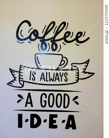 Minimalist Coffee Art Wall with Steaming Cup Eye-Level Perspective 122579500