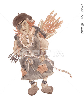 One-eyed old hunter with arrows. Fairytale character. Baba Yaga on the hunt. Watercolor isolated illustration in brown shades for your design 122579574