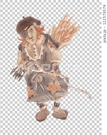 One-eyed old hunter with arrows. Fairytale character. Baba Yaga on the hunt. Watercolor isolated illustration in brown shades for your design 122579574