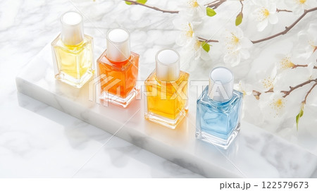 Vibrant nail polish bottles with vibrant colors and cherry blossoms on marble surface. 122579673