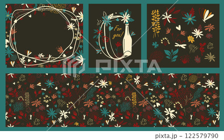 Set of postcards with flowers. hand drawing. Not AI, Vector illustration 122579790