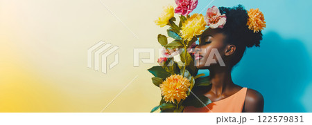 Beautiful black woman posing with colorful flowers on vivid background 122579831