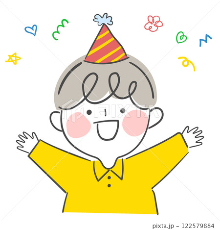 Character illustration of a child with a birthday hat on his birthday. 122579884