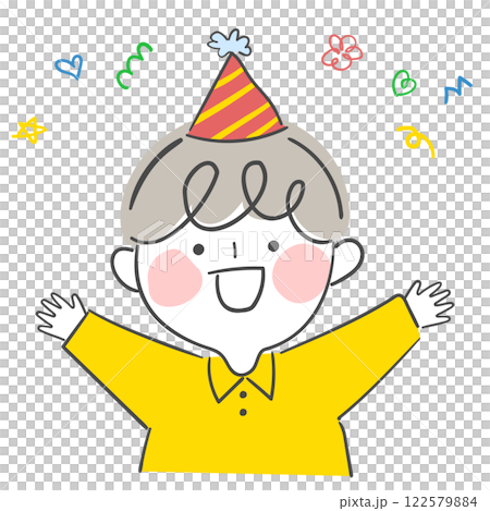 Character illustration of a child with a birthday hat on his birthday. 122579884
