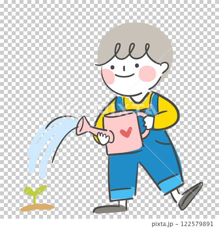 Character illustration of a child watering a sprout with a watering can. Character illustration of a child watering a sprout with a watering can. 122579891