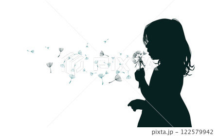 Girl blowing dandelion. hand drawn. Not AI, Vector illustration 122579942