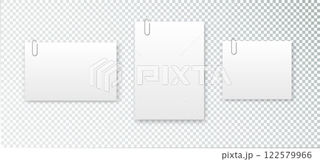 Blank paper sheet in A4 format on transparent background. Notebook page, document with steel paper clip. Vector 122579966